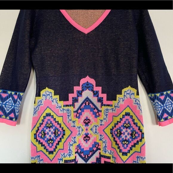 Flying Tomato Quarter Sleeve Vneck Boho Sweater Dress Size Large Bold Multicolor - Picture 3 of 7